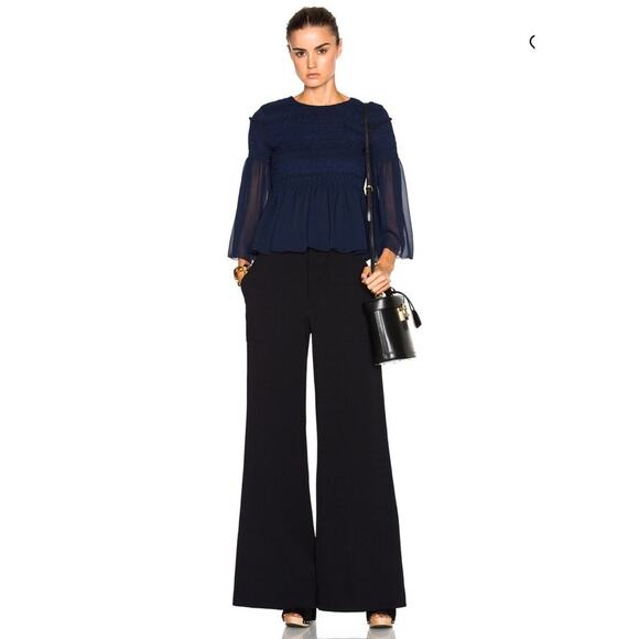 See By Chloe Dark Navy Peasant Top Sheer Sleeves Smocked Bodice Boho Sz 4 - Picture 12 of 13